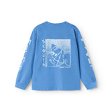 Blue long-sleeve blouse with a large square print on the back.