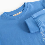 Blue long-sleeve blouse with round neck and seam detail at shoulder/sleeve