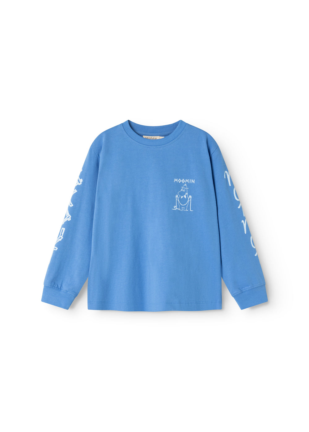 Long-sleeve blue blouse with small chest print and long sleeves.