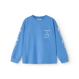 Long-sleeve blue blouse with small chest print and long sleeves.