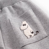 Gray sweatpants for children with Moomin print, elastic and drawstring.