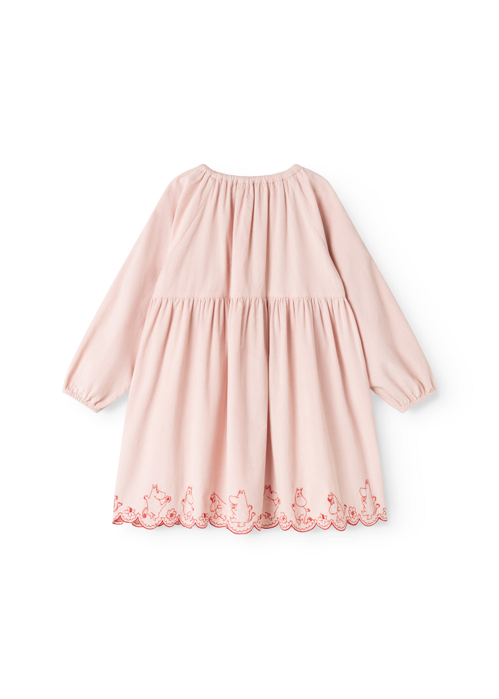Pink children's dress with a pleated collar and red patterned trim along the hem.