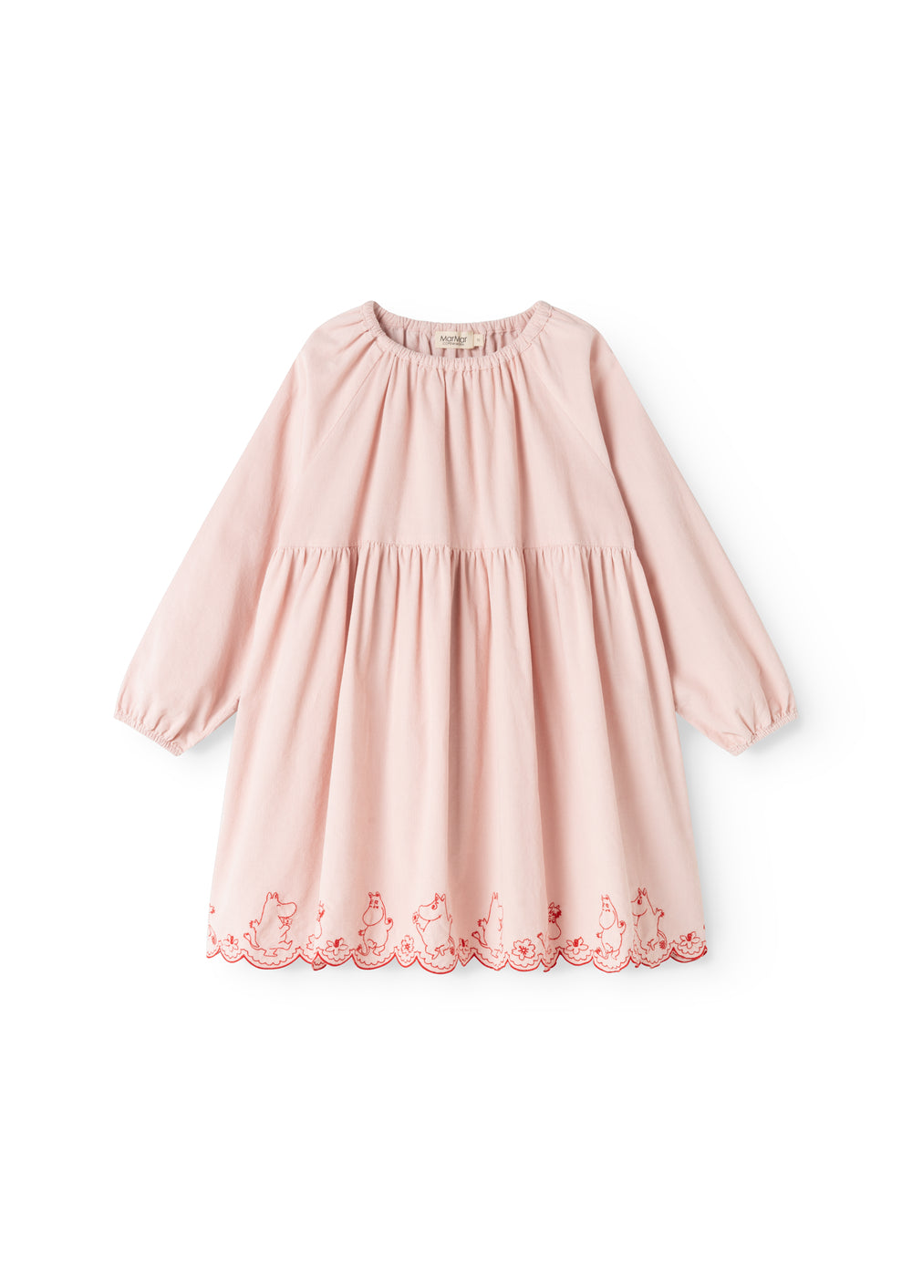 Pink dress with long sleeves, round neckline, and red trim along the hem.