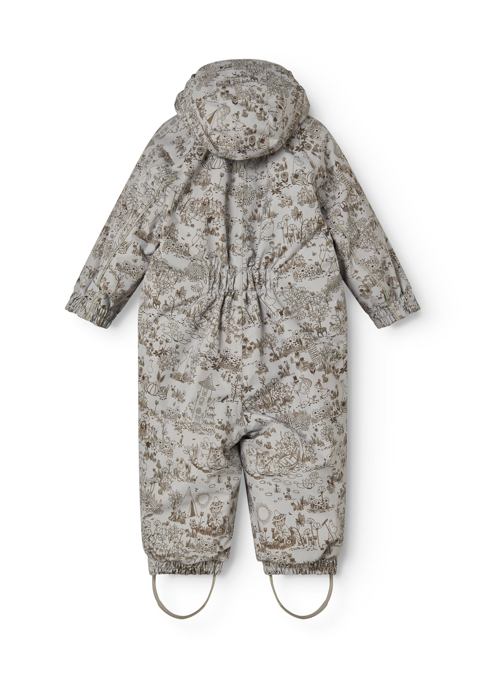 Featured image: hooded jumpsuit in a gray-toned beige pattern with foot straps.