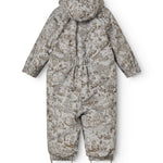 Featured image: hooded jumpsuit in a gray-toned beige pattern with foot straps.