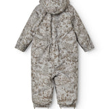 Featured image: hooded jumpsuit in a gray-toned beige pattern with foot straps.