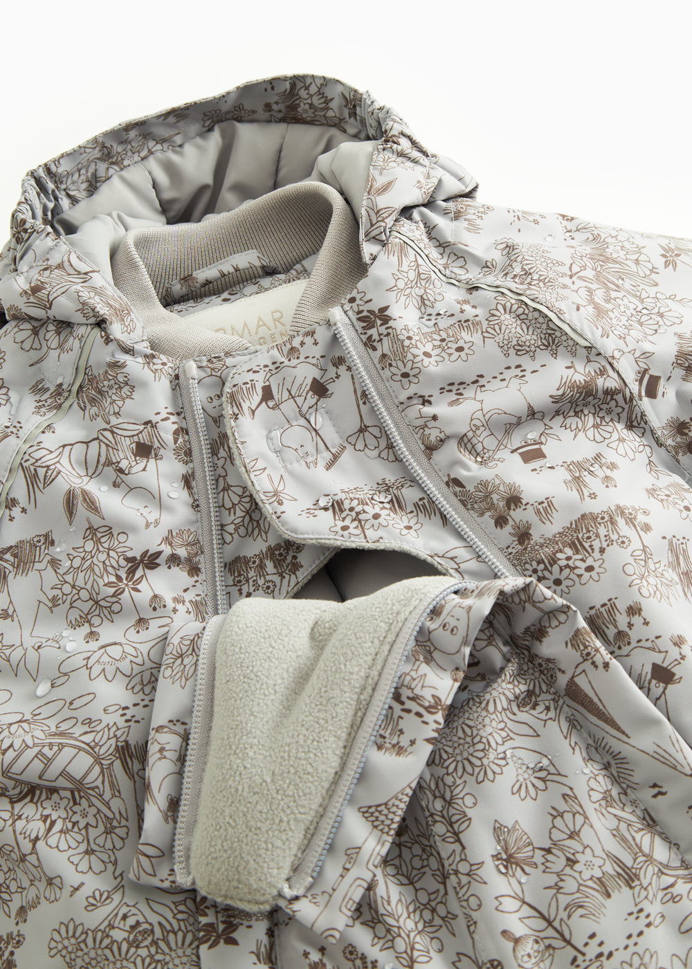 Jacket with high collar, zipper and fleece-lined front panel, plus hood area.