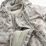 Jacket with high collar, zipper and fleece-lined front panel, plus hood area.