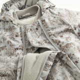 Jacket with high collar, zipper and fleece-lined front panel, plus hood area.