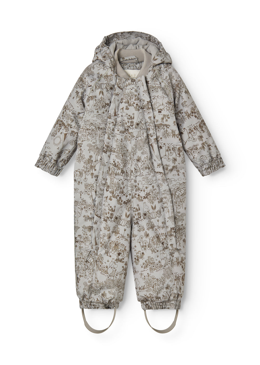 Hooded jumpsuit in gray-toned beige pattern with zipper and foot straps