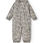 Hooded jumpsuit in gray-toned beige pattern with zipper and foot straps