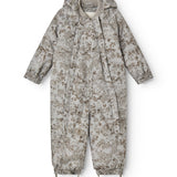 Hooded jumpsuit in gray-toned beige pattern with zipper and foot straps