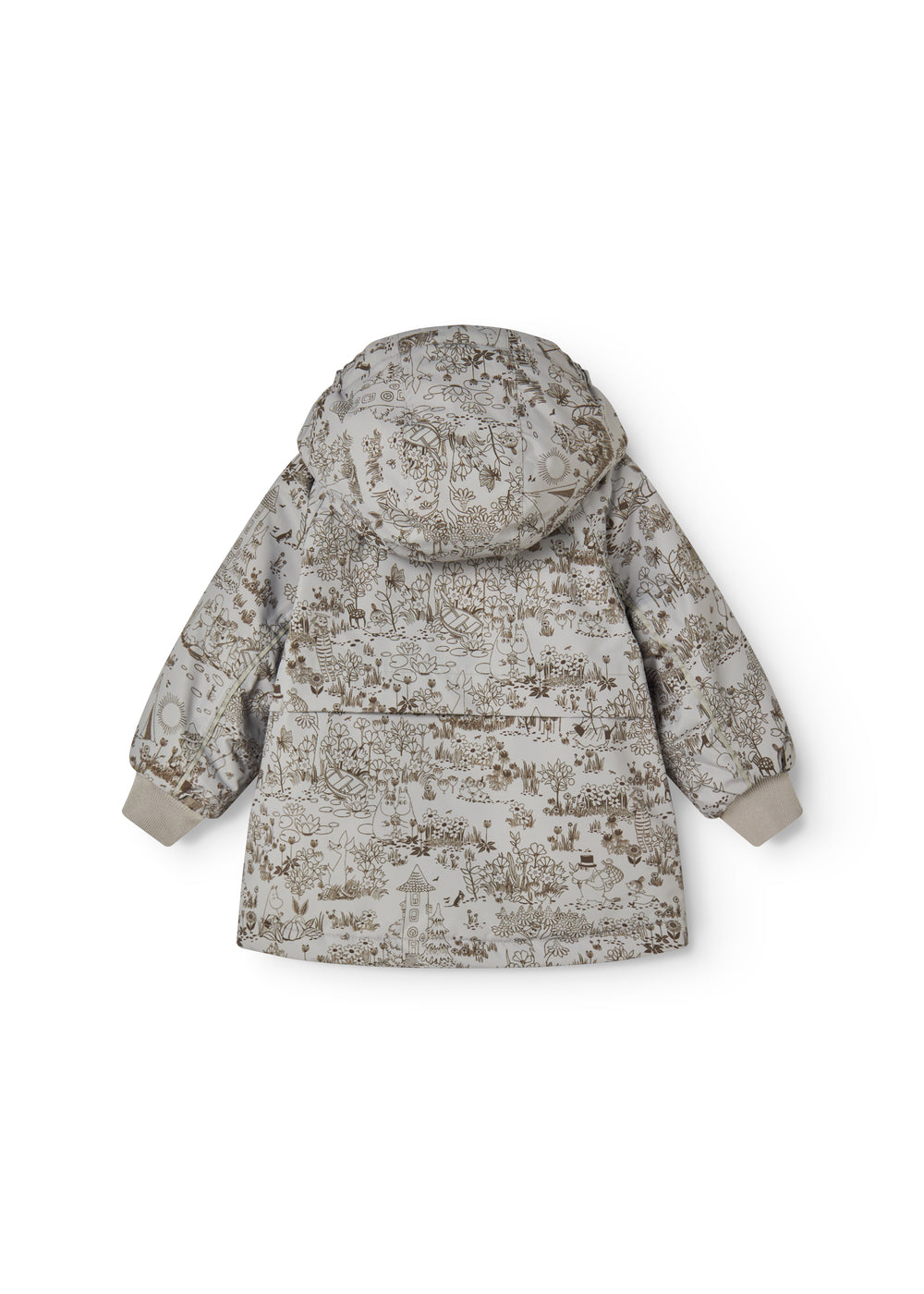 Patterned winter jacket with hood and volume in the back.