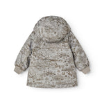 Patterned winter jacket with hood and volume in the back.