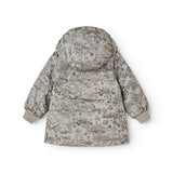 Patterned winter jacket with hood and volume in the back.
