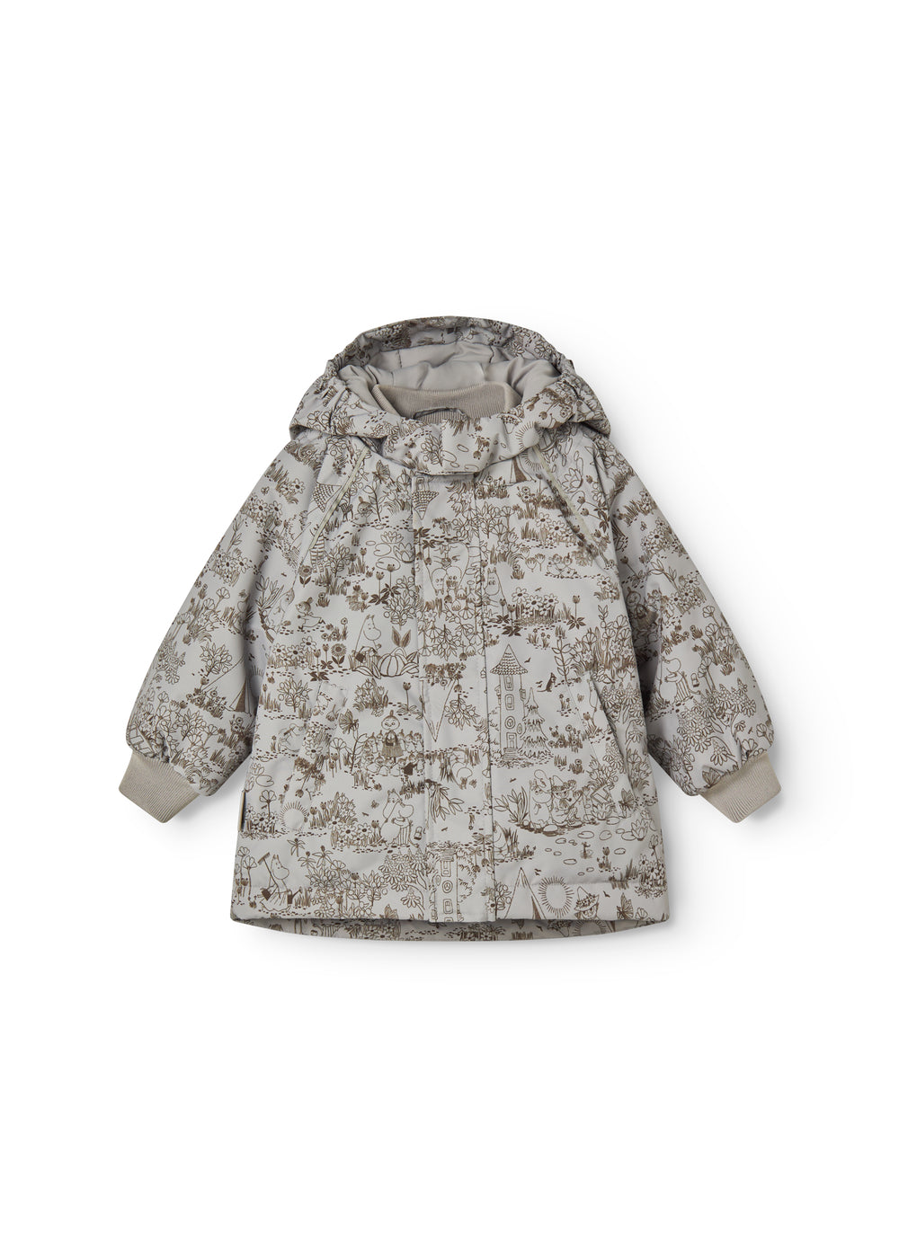 The patterned winter jacket with hood and front closure