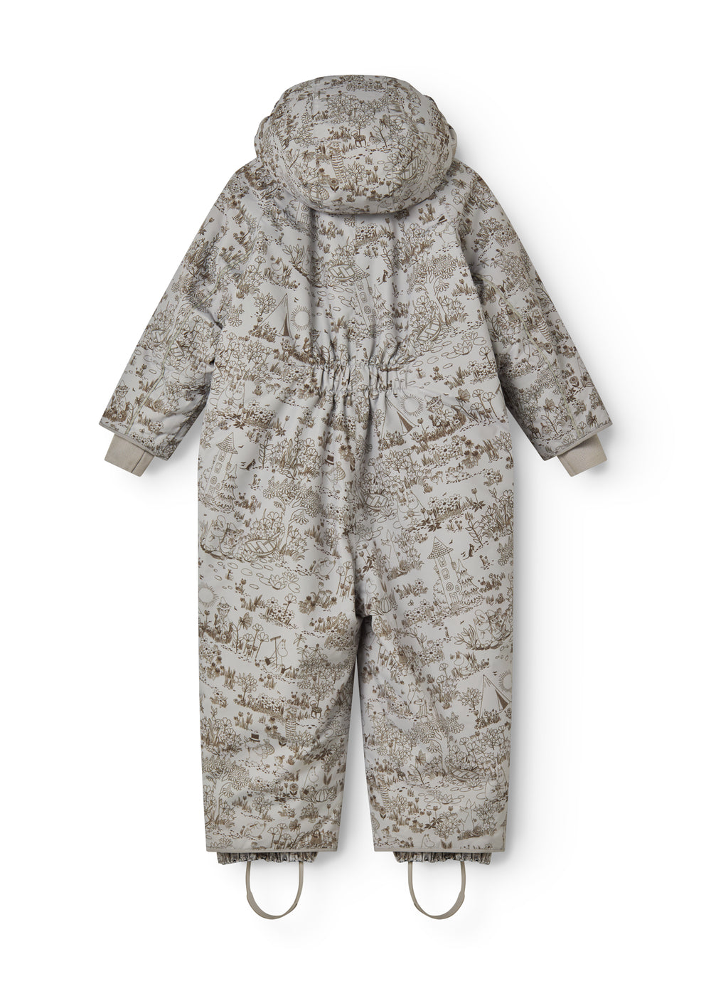 Light gray jumpsuit with hood and all-over pattern, button closure at the back at the waist.