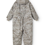 Light gray jumpsuit with hood and all-over pattern, button closure at the back at the waist.