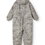 Light gray jumpsuit with hood and all-over pattern, button closure at the back at the waist.