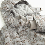 Jacket with open hood and inner lining, visible pressure buttons at the front.