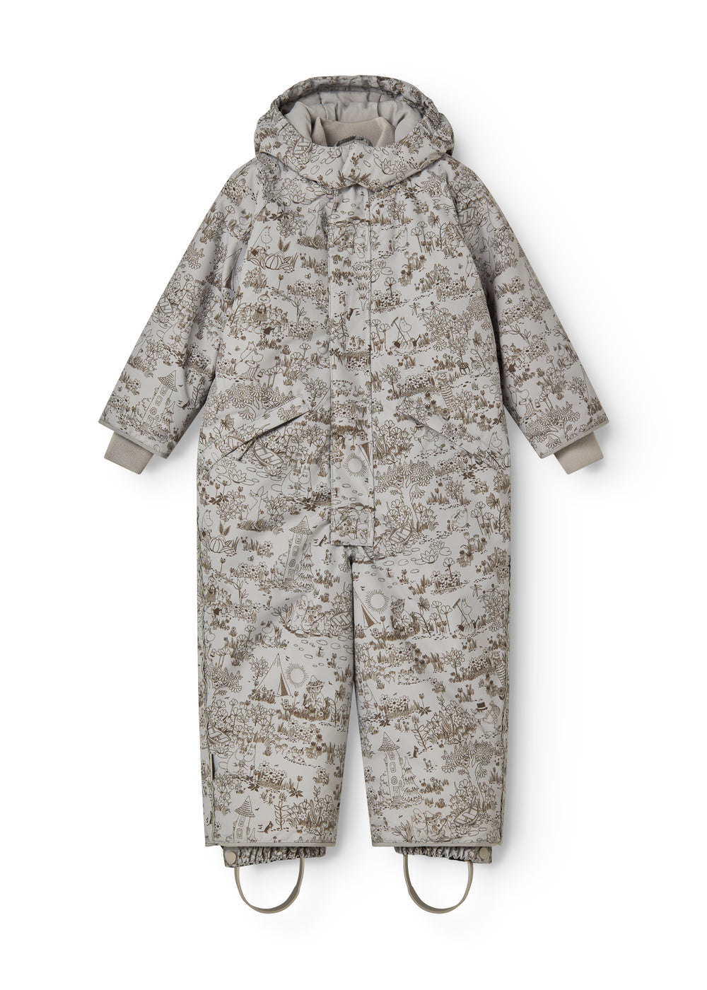 Light gray jumpsuit with hood and all-over pattern, reinforced pockets and snap closure.