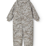 Light gray jumpsuit with hood and all-over pattern, reinforced pockets and snap closure.