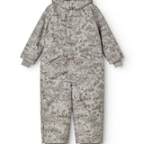 Light gray jumpsuit with hood and all-over pattern, reinforced pockets and snap closure.