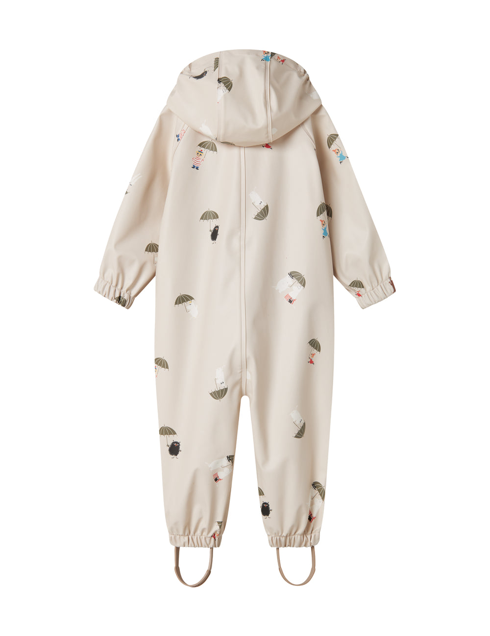 Beige baby regndragt med Moomin print, hætte og fodstropper