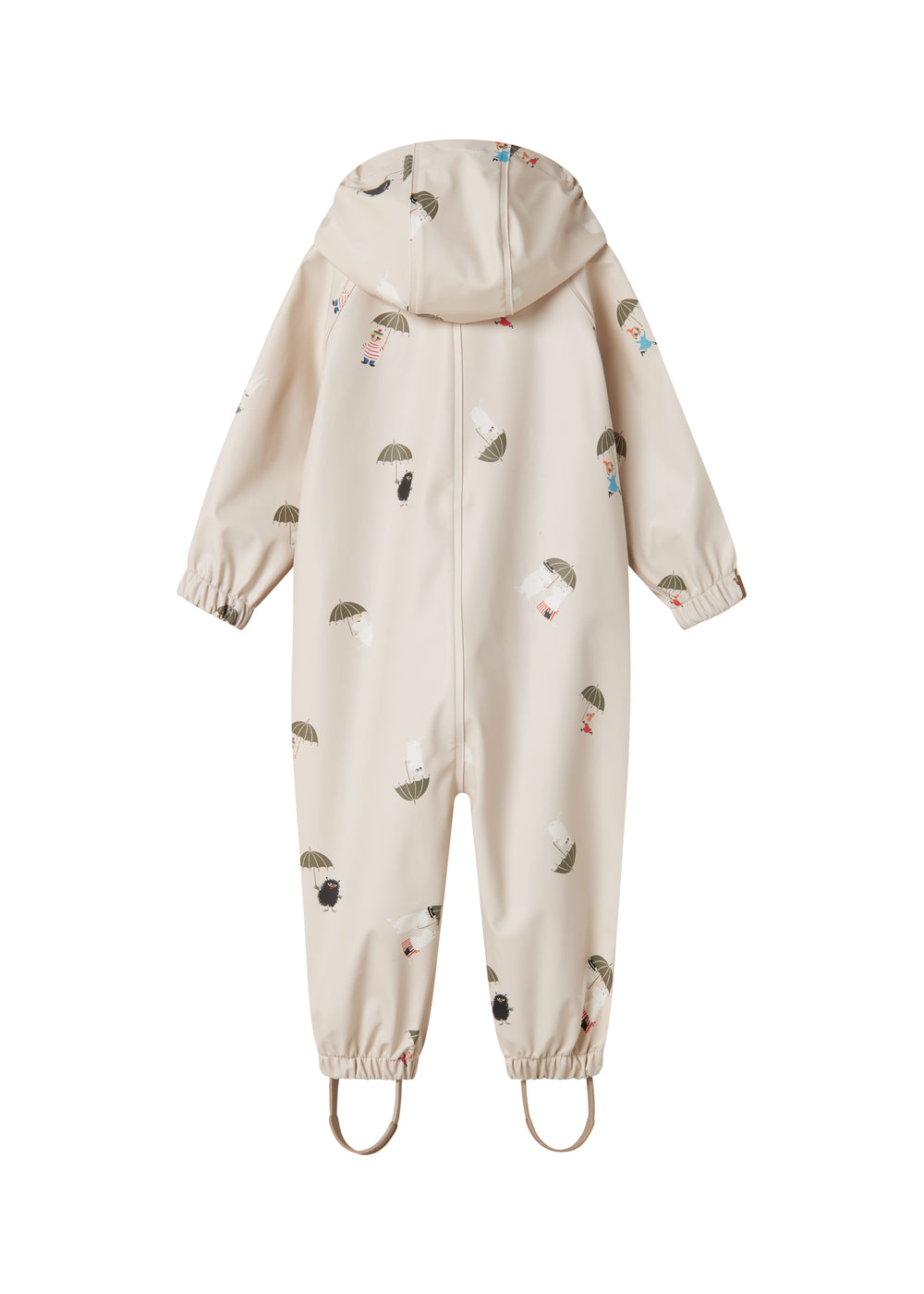 Beige baby regndragt med Moomin print, hætte og fodstropper