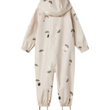 Beige baby regndragt med Moomin print, hætte og fodstropper