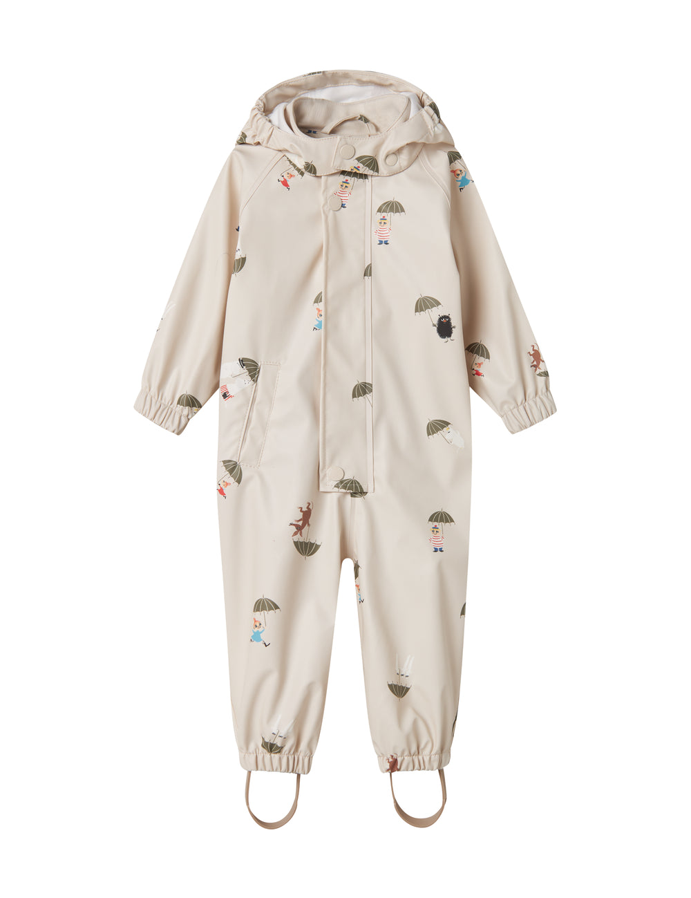 Beige baby raincoat with Moomin print, hat, and booties.