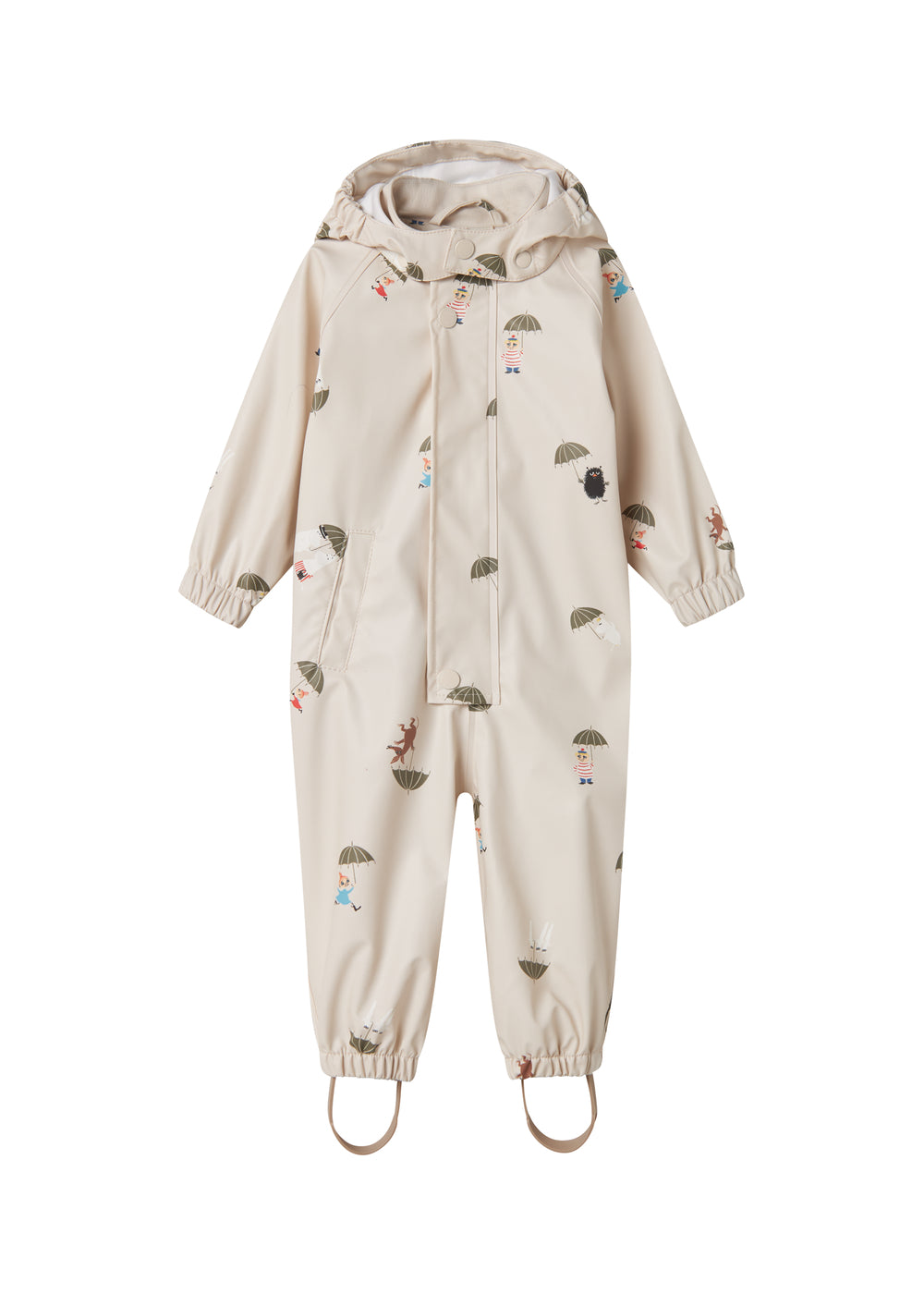 Beige baby raincoat with Moomin print, hat, and booties.