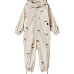 Beige baby raincoat with Moomin print, hat, and booties.