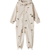 Beige baby raincoat with Moomin print, hat, and booties.