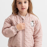Child wearing a bright red quilted jacket with Moomin print.