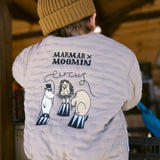 Children's set consisting of a brown knitted hat and jacket with Moomin print.