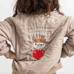 Light gray insulated jacket with hood and large back print