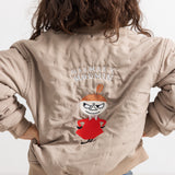 Light gray insulated jacket with hood and large back print