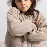 Light gray insulated jacket with zipper, hood, and front press.