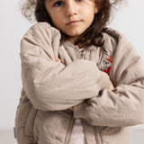 Light gray insulated jacket with zipper, hood, and front press.