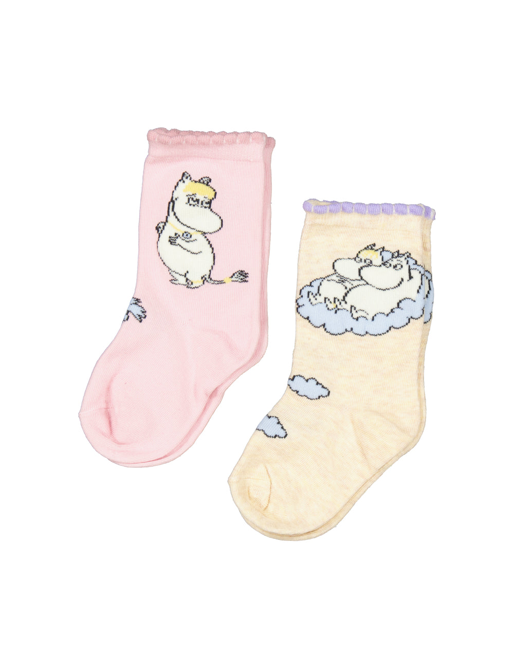 Lyserøde og cremefarvede børnestrømper med Moomin figurer og dekorative kanter
