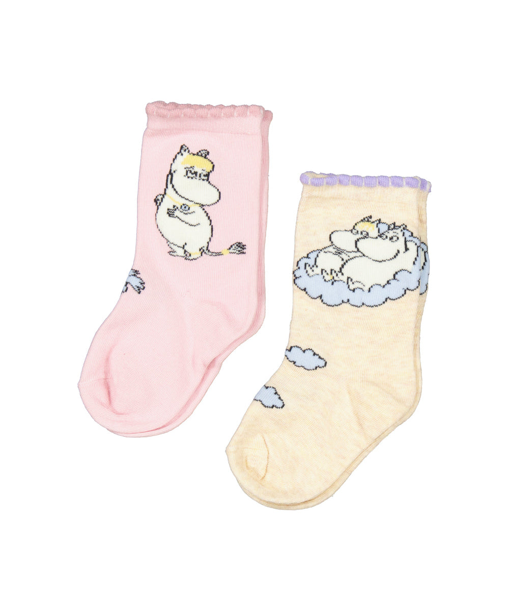 Lyserøde og cremefarvede børnestrømper med Moomin figurer og dekorative kanter