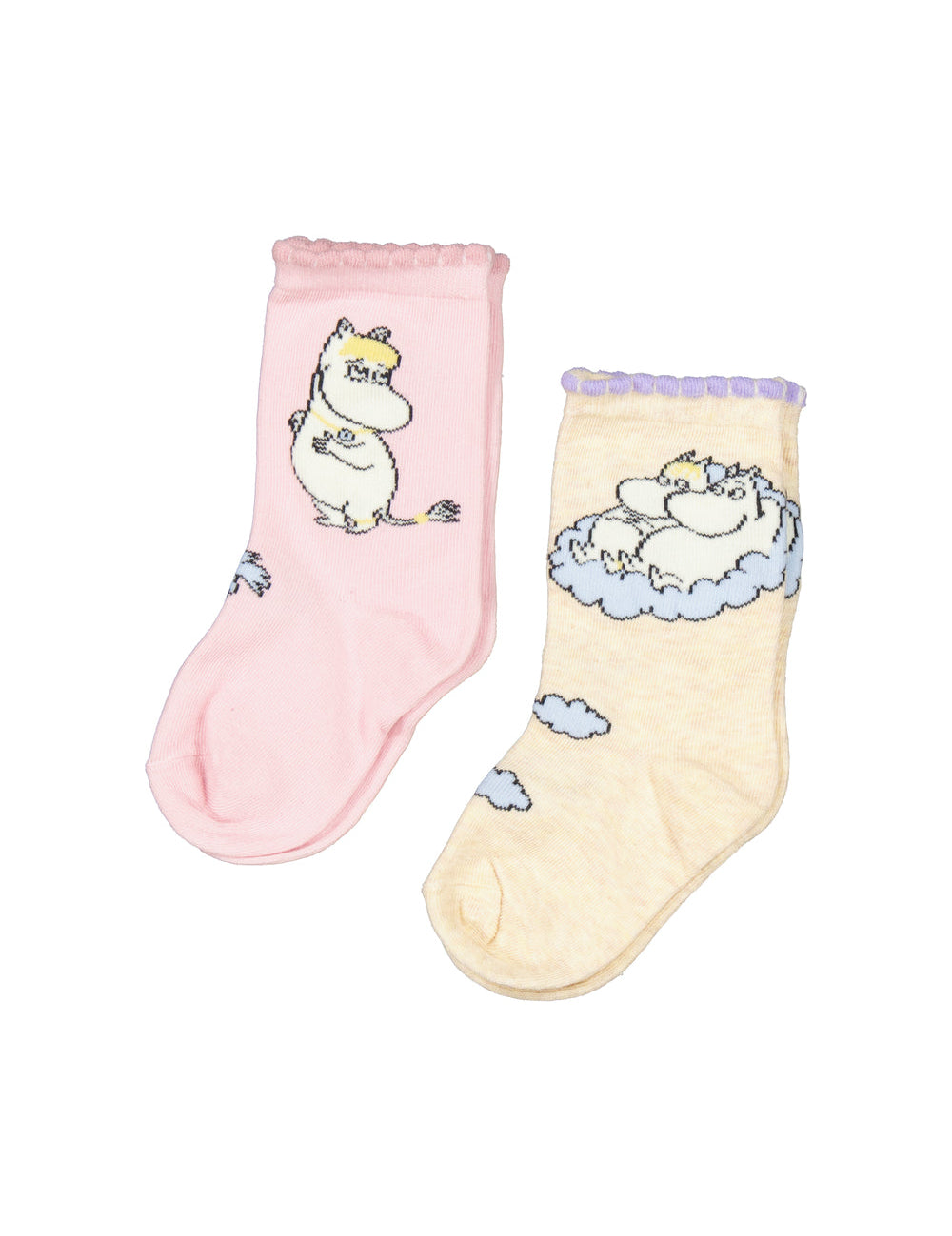 Lyserøde og cremefarvede børnestrømper med Moomin figurer og dekorative kanter