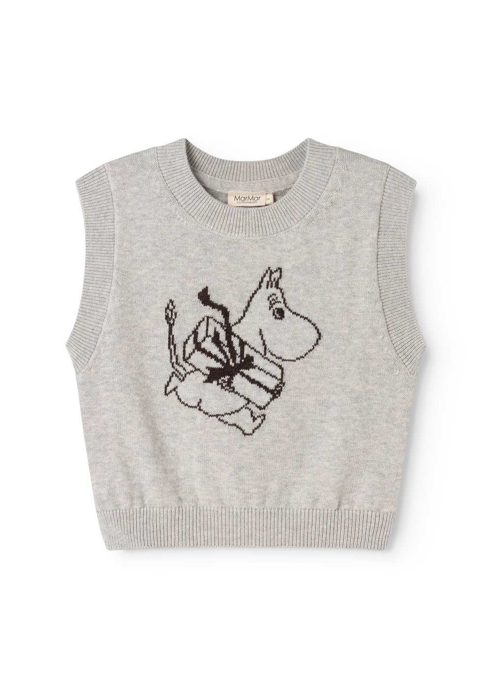 Gray sleeveless knit sweater vest with Moomin illustration on front