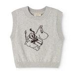 Gray sleeveless knit sweater vest with Moomin illustration on front