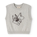Gray sleeveless knit sweater vest with Moomin illustration on front
