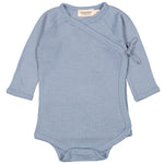 Blå uldbodystocking med skrålukning og trykknapper til lukning mellem benene