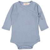 Blå uldbodystocking med skrålukning og trykknapper til lukning mellem benene