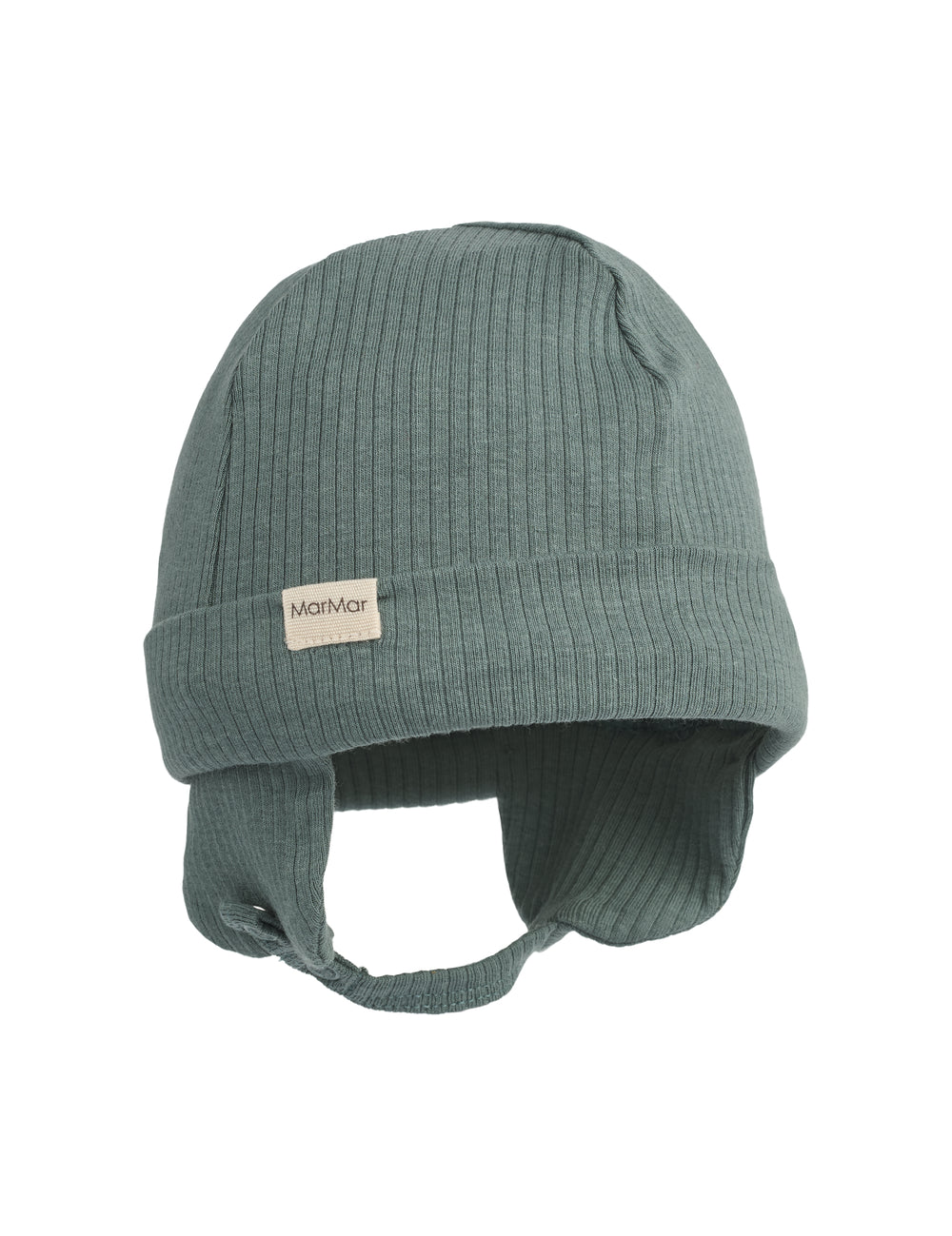 Ribbet grøn hue med ørebeskyttelse og hagerem til baby