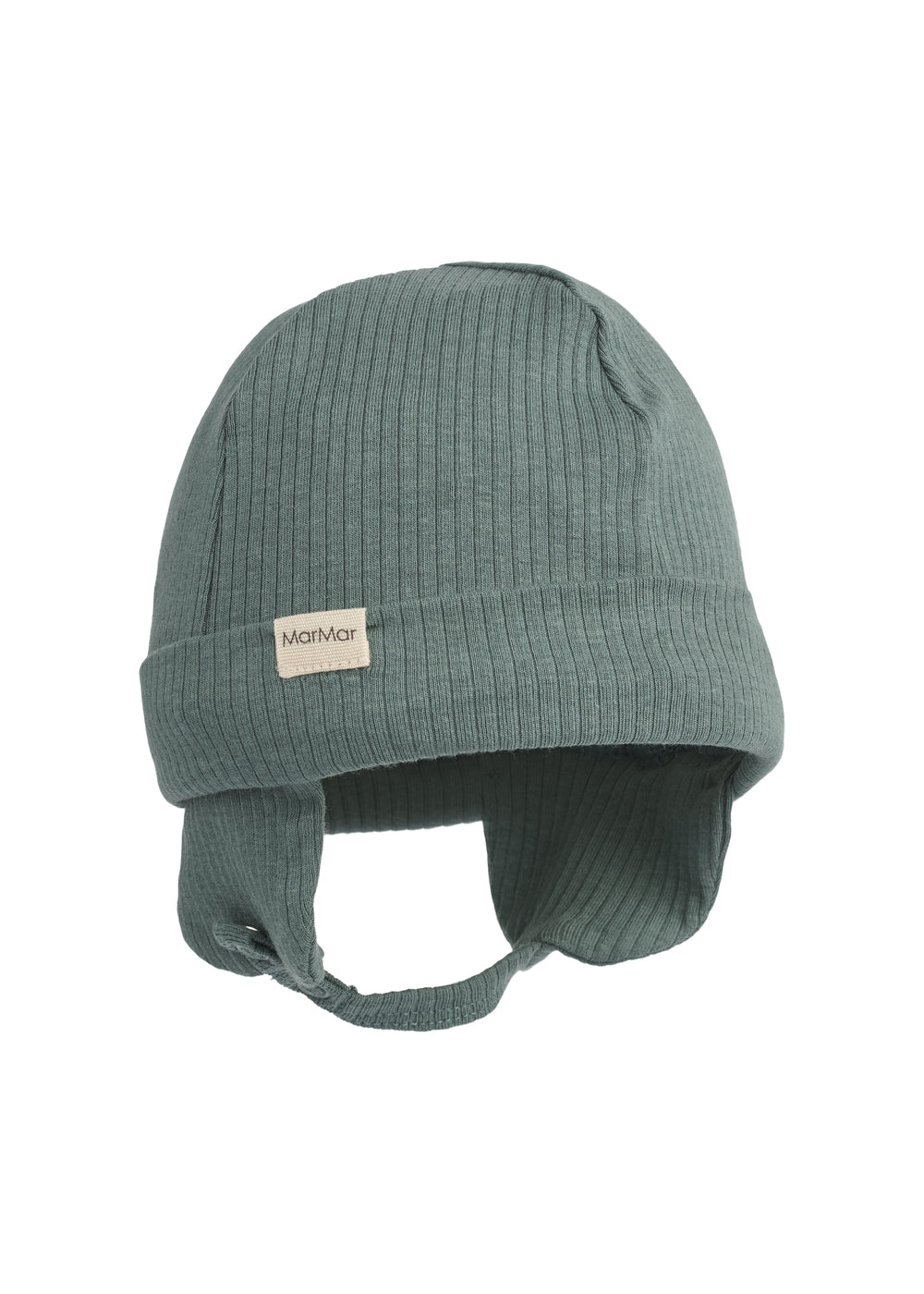 Ribbet grøn hue med ørebeskyttelse og hagerem til baby